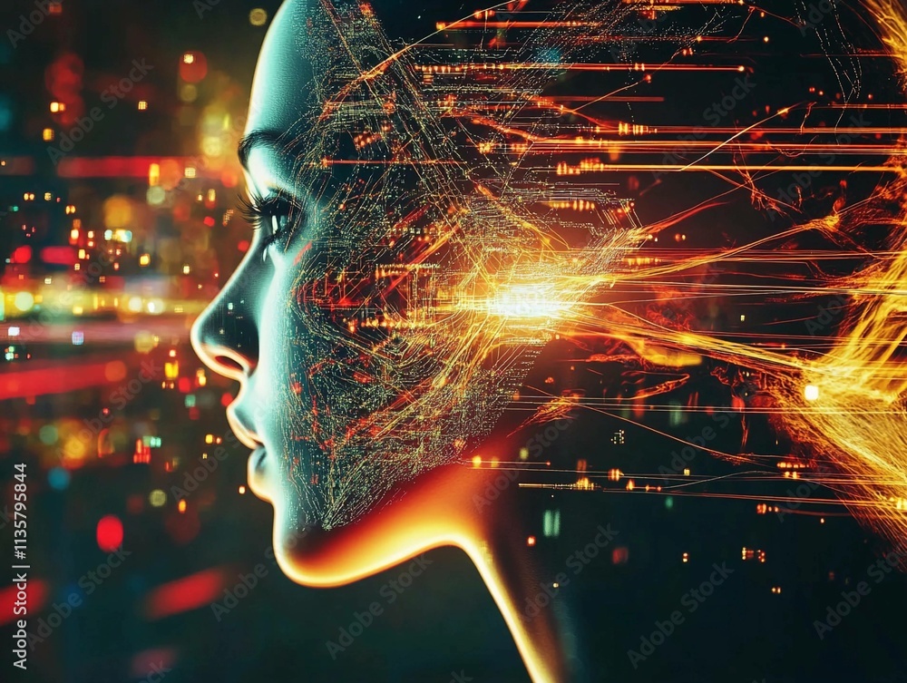 Poster futuristic representation of a brain linked to a digital network illustrating innovation