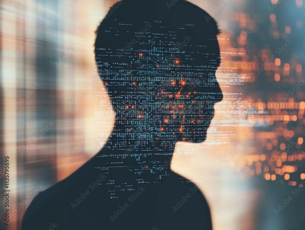 Poster silhouette morphs into digital pixels in an abstract ai creation