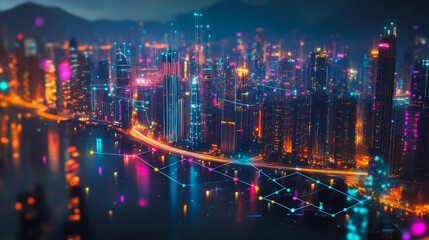 Obraz premium Smart digital Innovation city with connection network reciprocity over the cityscape. of future smart wireless digital city and social media networking systems that connects people with in city