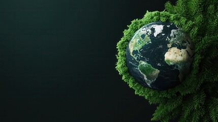 Earth surrounded by lush greenery on a dark background.