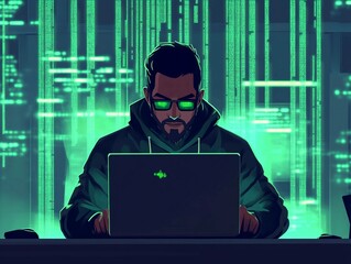 Coding enthusiast works late at night with green code on laptop screen. Generative AI