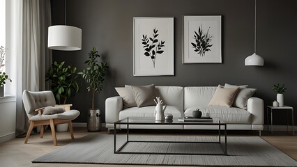 Interior design of living room interior with mock up poster frame, white sofa, modern pouf, glass coffee table, vase with branch, stylish rack and silver personal accessories. Home decor. Template