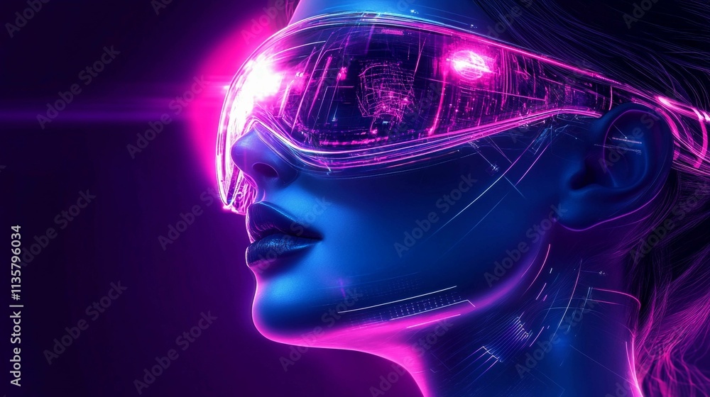 Poster exploring futuristic communication technology with neon-enhanced eyewear. generative ai