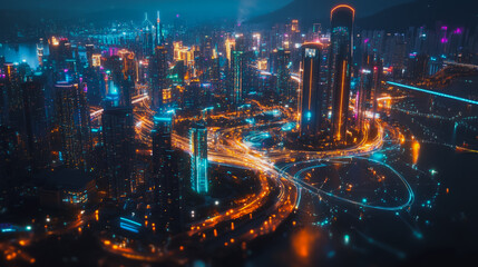 Fototapeta premium Smart digital Innovation city with connection network reciprocity over the cityscape. of future smart wireless digital city and social media networking systems that connects people with in city