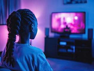 Girl watching TV at night