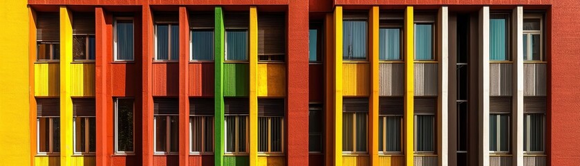 A vibrant facade featuring a mix of lively colors and modern architectural elements, showcasing a unique design and style.