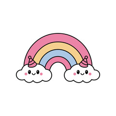 Cute cartoon rainbow with two smiling cloud characters, against a white background