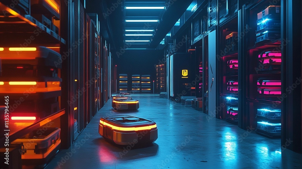 Poster robotic carts navigating a high-tech storage facility at night. generative ai