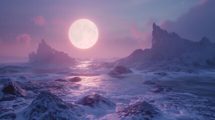 A purple sunset over a snowy, rocky landscape.