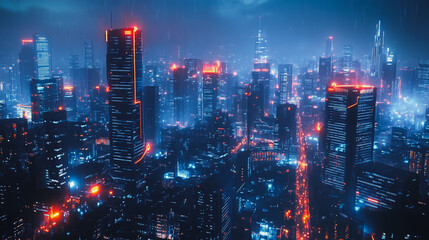 Obraz premium Smart digital Innovation city with connection network reciprocity over the cityscape. of future smart wireless digital city and social media networking systems that connects people with in city