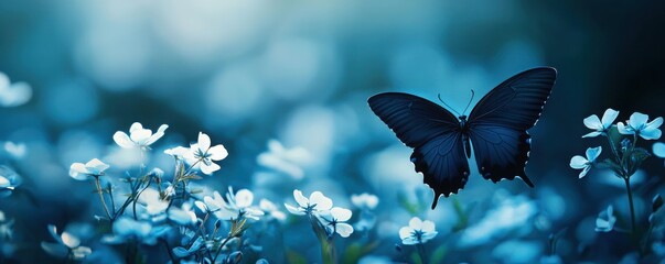 A serene blue-toned image featuring a butterfly perched among delicate white flowers, capturing the beauty of nature.