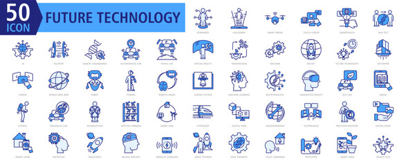 Future Technology Icon Set Blue with Humanoid, Hologram, Smart Drone, Touch Screen, Smartwatch, DNA Test, AI, Teleport, Genetic Engineering and Autonomous Car