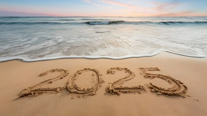 2025 written on a sandy beach with ocean waves creating a natural and serene holiday theme perfect for new year celebrations or travel-inspired designs