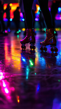 A roller-skating rink with colorful disco lights reflecting off the shiny floor and skaters in bright outfits enjoying the music 
