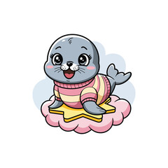 A cute gray seal pup sitting on a pink cloud, wearing a pink and white striped shirt and smiling happily