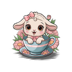 A cute white lamb with pink bow sitting in a blue teacup surrounded by flowers