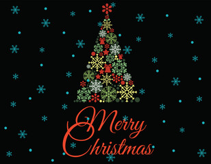 Merry Christmas, a tree made of snowflakes. Holiday typography illustration