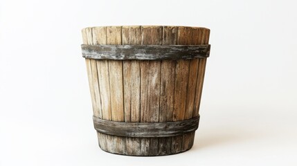 A weathered wooden bucket with natural grain textures, featured in an outdoor setting but focused on a white background.
