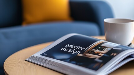 A beautifully designed interior design magazine lies open on a table, featuring bright, vibrant images of modern and luxurious home interiors. 