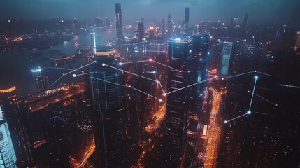 Fototapeta premium Smart digital Innovation city with connection network reciprocity over the cityscape. of future smart wireless digital city and social media networking systems that connects people with in city