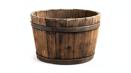 Obraz premium A weathered wooden bucket with natural grain textures, featured in an outdoor setting but focused on a white background.