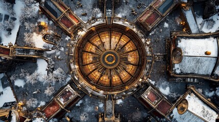 Obraz premium A top-down view of a gothic, steampunk skyport in winter with skyships, markets, shops, and stained glass churches, featuring ornate designs and a grim, horror-inspired, elegant atmosphere.