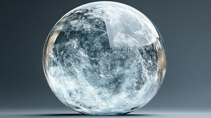 A clear, round, icy sphere. It's smooth with textured ice patterns.