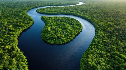 Aerial view of a river winding through lush green rainforest. Illustrates the beauty and importance of preserving natural ecosystems.