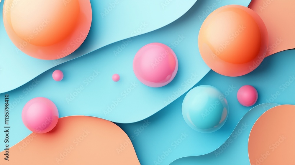 Poster abstract spheres and waves: vibrant pastel hues dance across a canvas of soft, flowing curves, creat