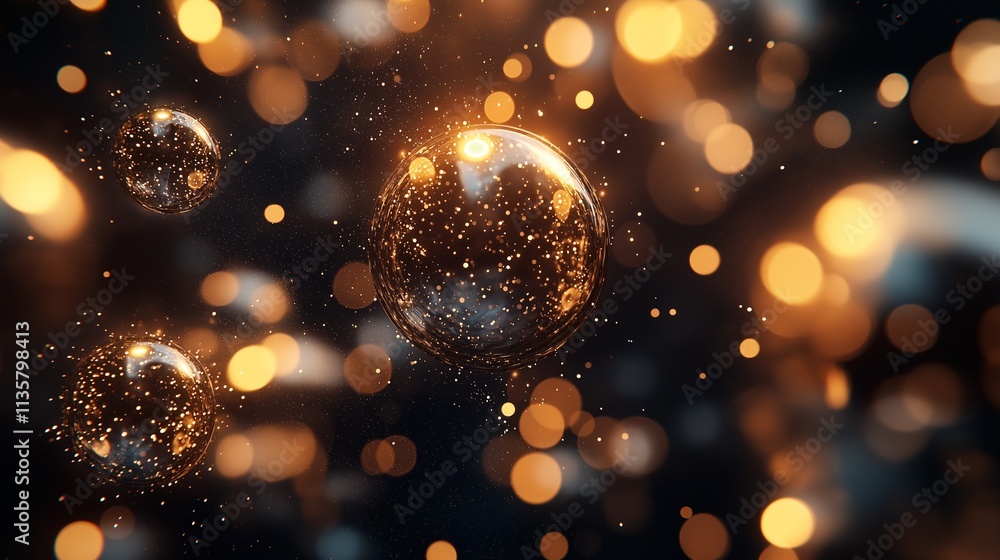 Poster glimmering spheres.abstract orbs float in a mesmerizing dance of light and shadow, their shimmering 