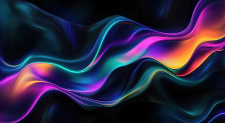 A mesmerizing display of fluid waves flows smoothly, showcasing vibrant colors of pink, blue, and orange against a deep black background, evoking a sense of motion and energy.