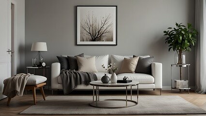 Interior design of living room interior with mock up poster frame, white sofa, modern pouf, glass coffee table, vase with branch, stylish rack and silver personal accessories. Home decor. Template