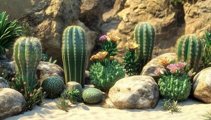 Desert Cactus Plants Blooming in Sunlight