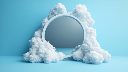 Cloud shaped mirror surrounded by fluffy clouds in bright setting