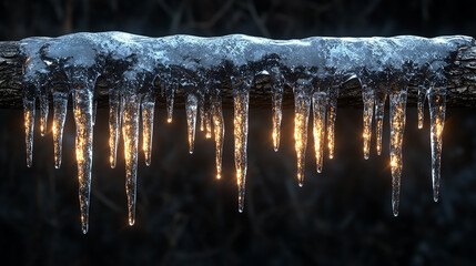 Icicles, hanging from a branch, with glowing yellow tips. 