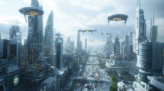 A futuristic city filled with flying cars, AI robots, and advanced technology innovations.