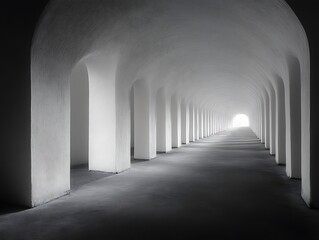 Obraz premium A long white arched tunnel leading to light