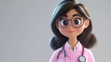 Cartoon doctor character with glasses and a stethoscope in pink attire