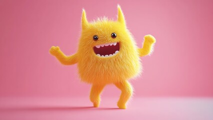 Fuzzy yellow creature dancing joyfully on a pink background