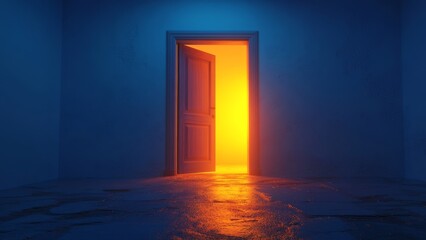 Light emanates from an open door in a dark room