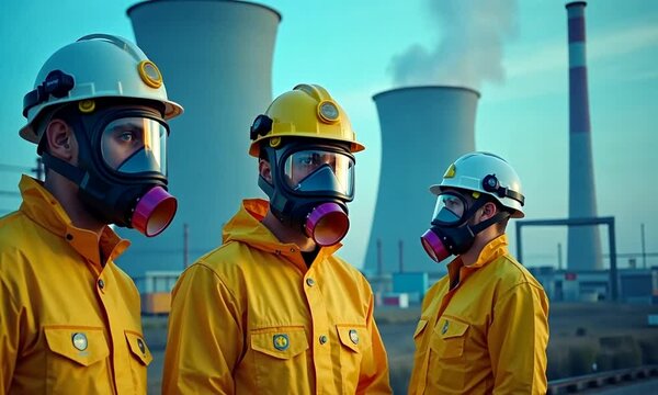 A nuclear power plant worker of Caucasian descent, wearing a yellow protective suit and gas mask