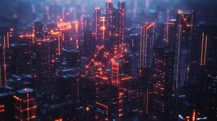 Fototapeta premium Smart digital Innovation city with connection network reciprocity over the cityscape. of future smart wireless digital city and social media networking systems that connects people with in city