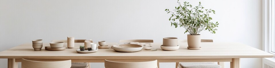 scandinavian dining area with light wooden table and neutral-colored chairs