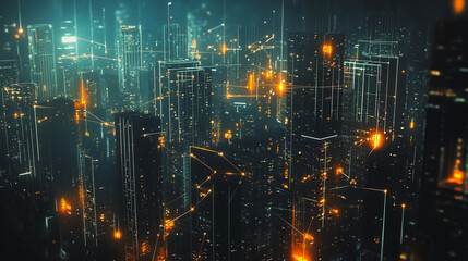 Smart digital Innovation city with connection network reciprocity over the cityscape. of future smart wireless digital city and social media networking systems that connects people with in city