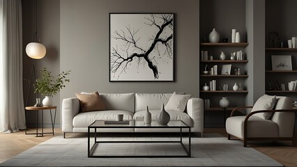 Interior design of living room interior with mock up poster frame, white sofa, modern pouf, glass coffee table, vase with branch, stylish rack and silver personal accessories. Home decor. Template
