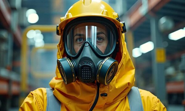 A nuclear power plant worker of Caucasian descent, wearing a yellow protective suit and gas mask