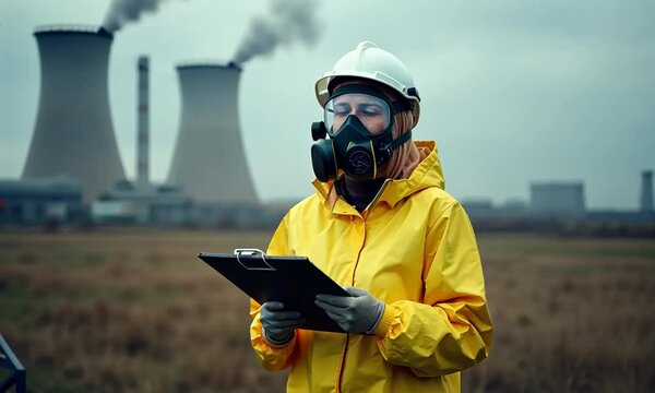 A nuclear power plant worker of Caucasian descent, wearing a yellow protective suit and gas mask