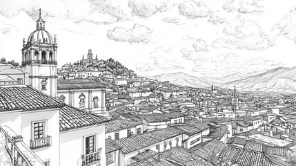 Obraz premium Intricate ink illustration of Quito, Ecuador showcasing its colonial architecture, vibrant cityscape, landmarks like the Basilica del Voto Nacional, and Panecillo hill, reflecting rich cultural histor