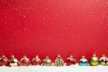 Festive Christmas Ornaments Displayed on Snowy Surface with Red Background, Ideal for Advent Calendar and Holiday Decoration Themes