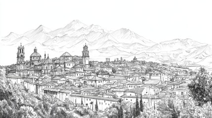 Intricate ink illustration of Quito, Ecuador showcasing its colonial architecture, vibrant cityscape, landmarks like the Basilica del Voto Nacional, and Panecillo hill, reflecting rich cultural histor